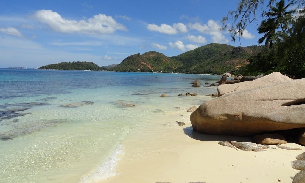 The beach at Anse Takamaka on Praslin's North-eastern coast, Seychelles Archipelago. 