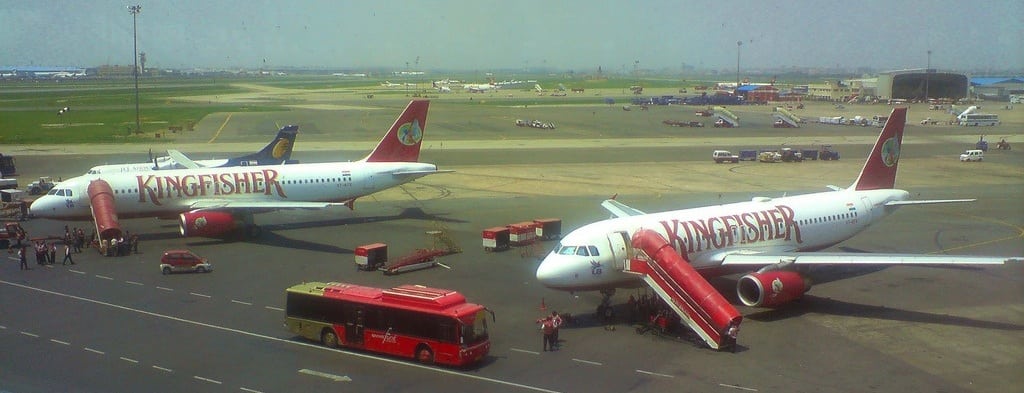 Kingfisher A320's waiting for boarding at the Delhi Domestic Airport Terminal. 