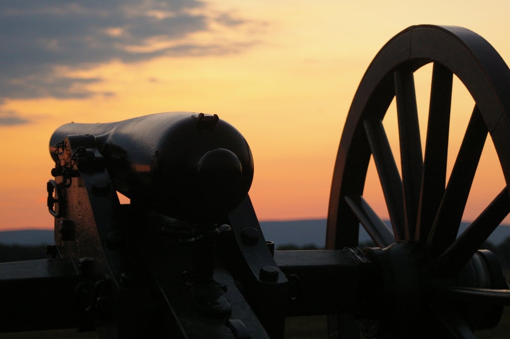 Gun of Cushing's Battery at the Angle on Cemetery Ridge at sunset. 