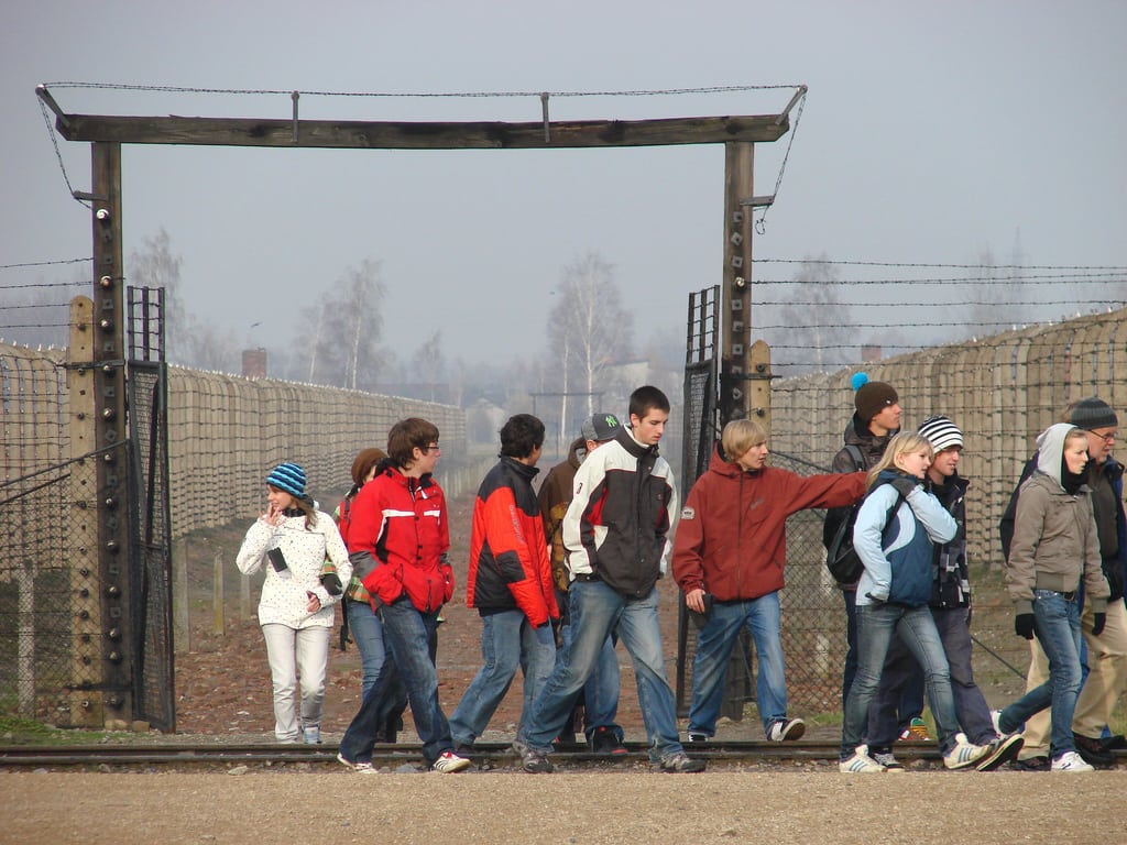 Polish students leave the Auschwitz-Birkenau memorial site in Oswiecim, Poland. 