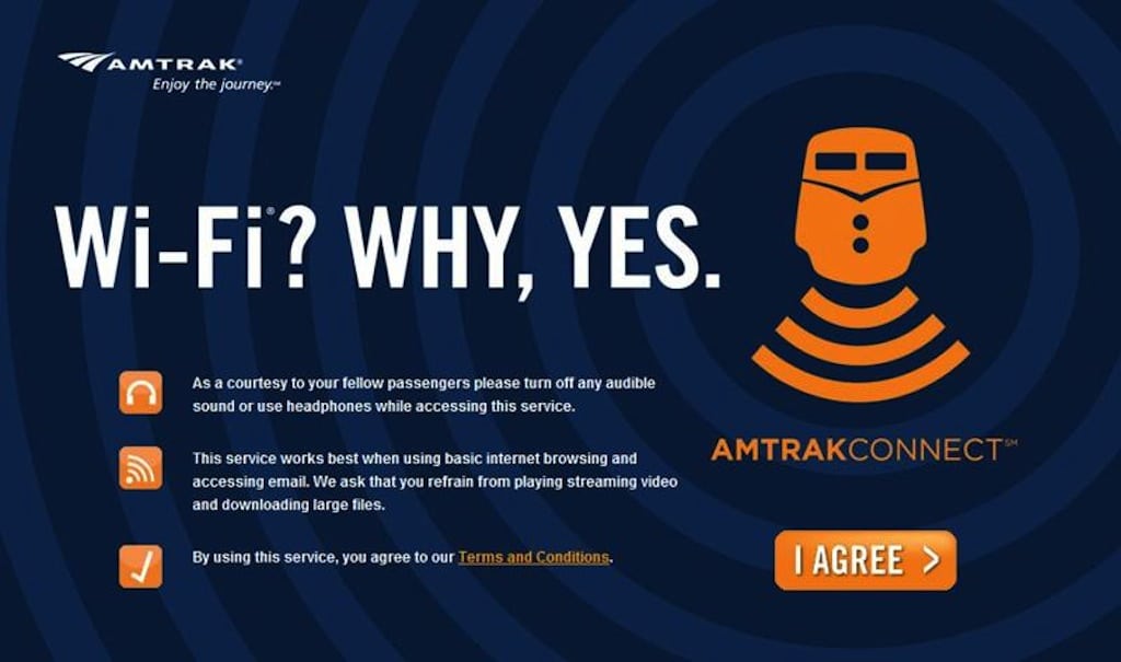 Amtrak hopes this Wi-Fi notice from 2010, warning passengers to avoid streaming video, becomes an outdated concern with its new 4G service. 