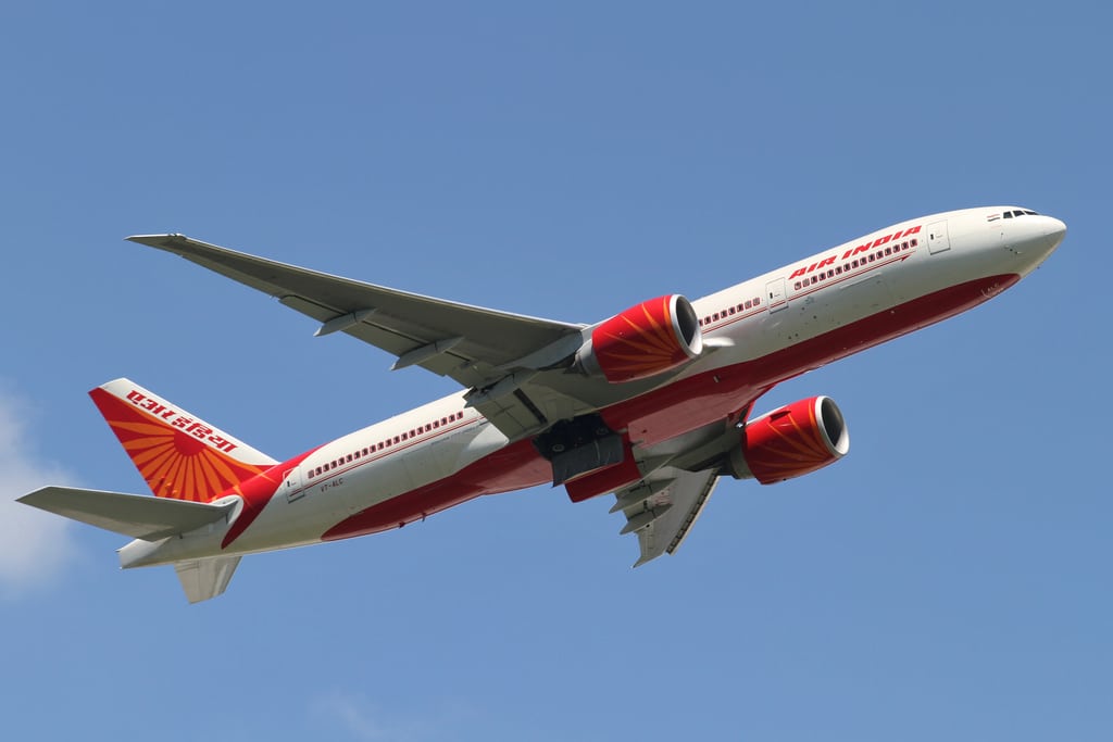 An Air India Boeing 777 takes off. 