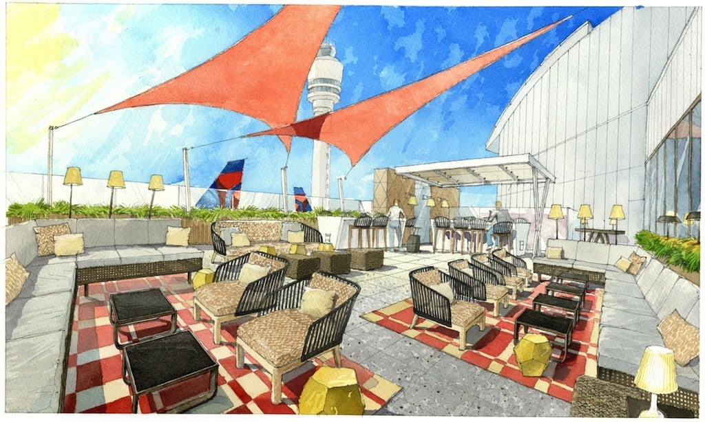 Delta is developing outdoor terraces at its Sky Clubs in Atlanta (rendering above) and at JFK. 