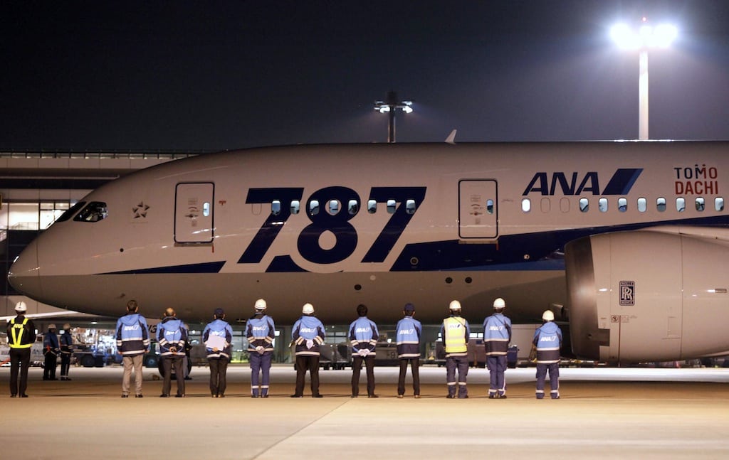 Airport staff send off All Nippon Airways' (ANA) Boeing Co's 787 Dreamliner plane before it takes off for its Tokyo-San Jose flight at New Tokyo international airport in Narita, east of Tokyo January 11, 2013. 