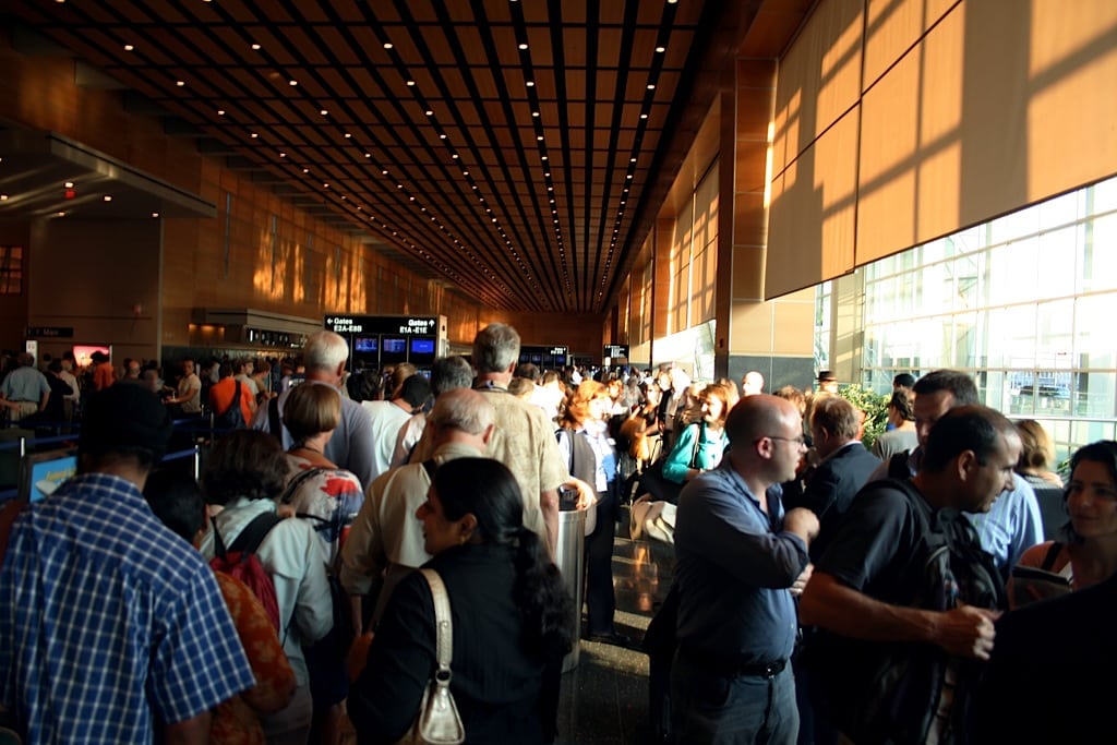 Travelers lining up at Boston's Logan airport. 
