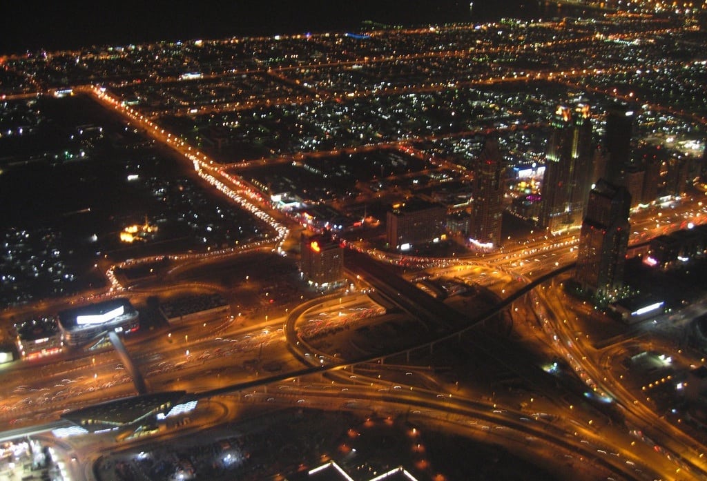 Dubai roads and traffic from the the observation deck on the 124th floor of the Burj Khalifah. 