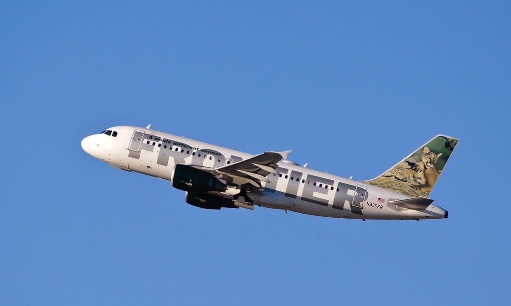 A Frontier Airlines plane en route to Denver's airport. 