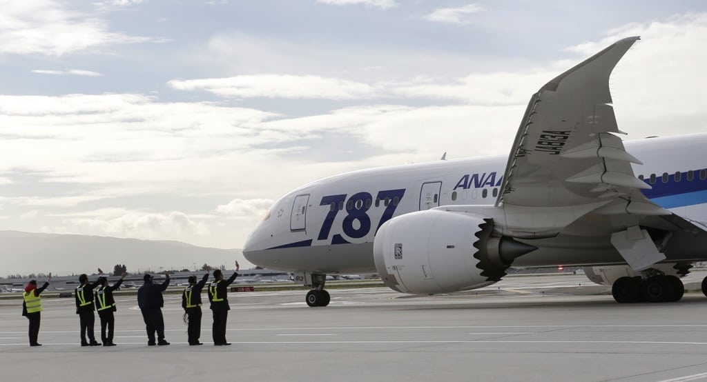 Description: Runway personnel wave goodbye to the All Nippon Airways Dreamliner 787 before take-off at Mineta San Jose International Airport for its inaugural San Jose to Tokyo flight in San Jose, California, January 11, 2013. 