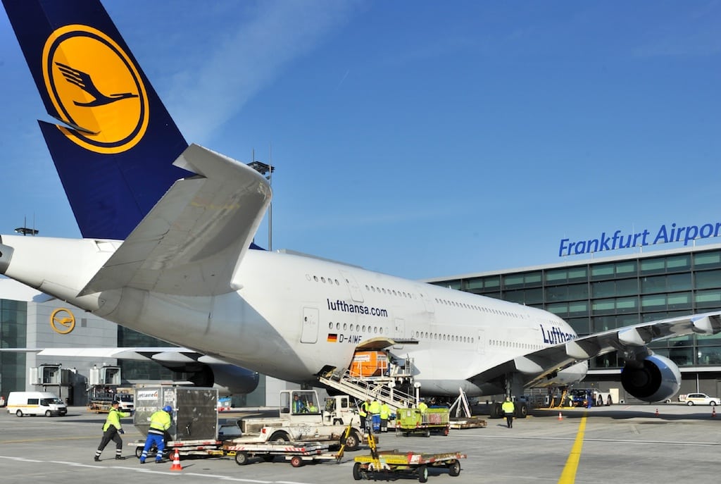 Lufthansa crew works at Frankfurt Airport. 