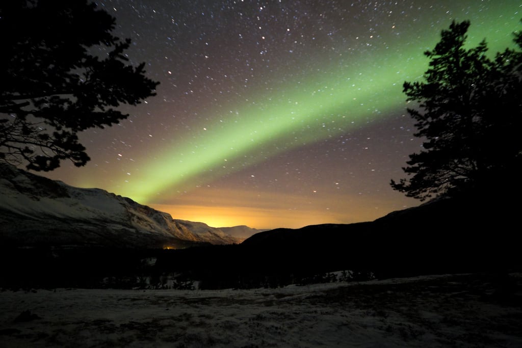 Northern lights as seen in Storfjord Kommune, Troms Fylke, Norway. 