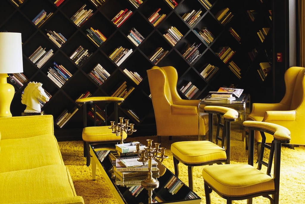 The Viceroy Hotel has a contemporary library with sunny yellow accents in Santa Monica, California. 