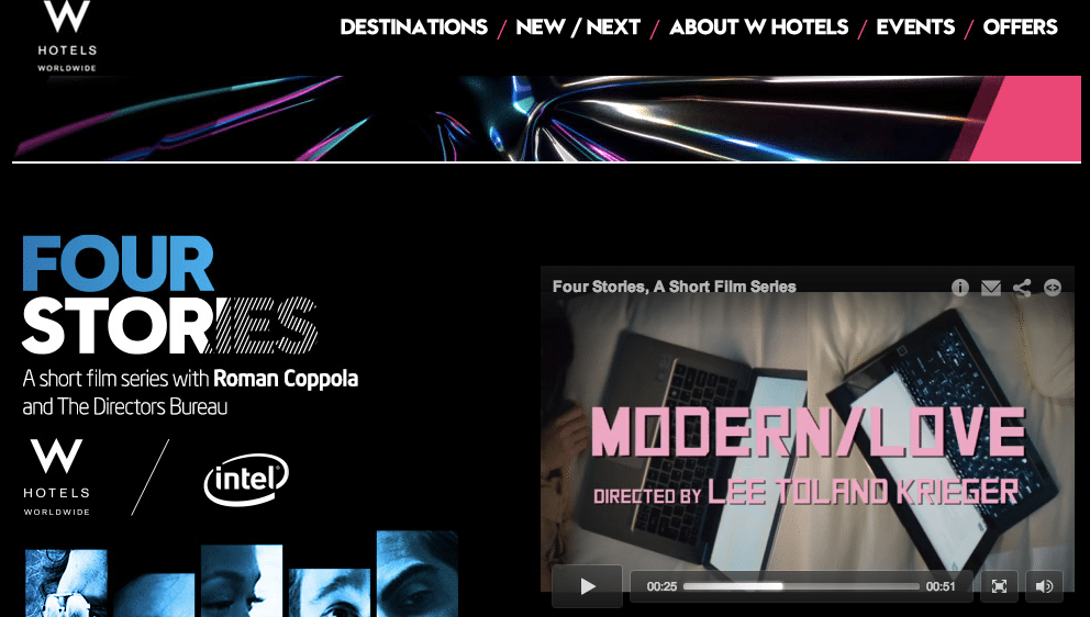 The W Hotel short-film campaign it promoted on its website and in social media in conjunction with Intel. 