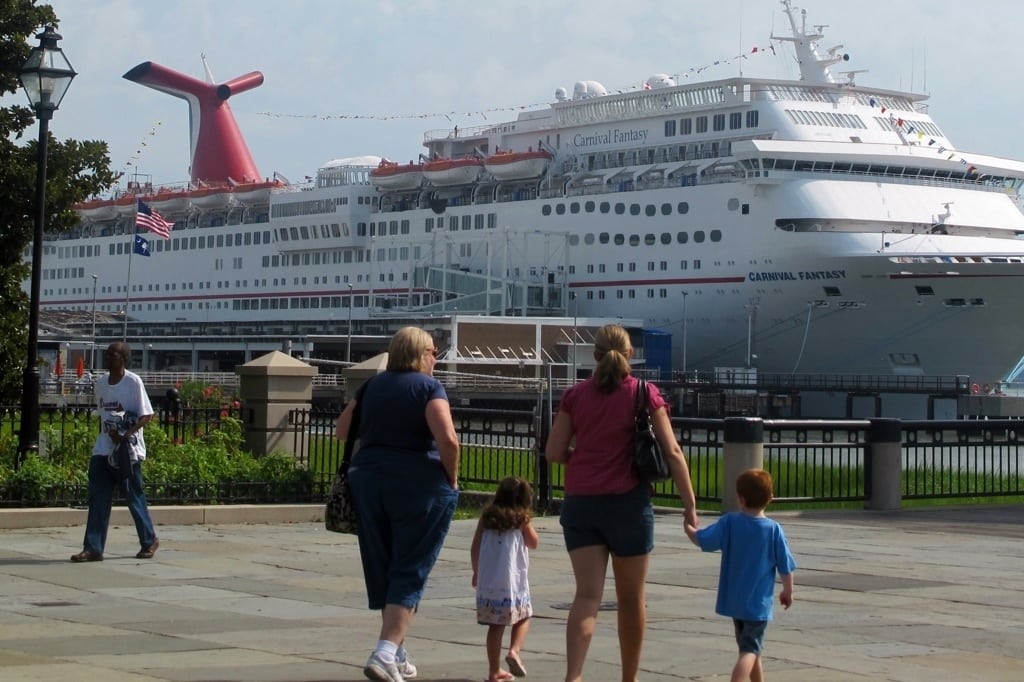 In this July 25, 2012 photo, the cruise liner Carnival Fantasy calls in Charleston, S.C. 