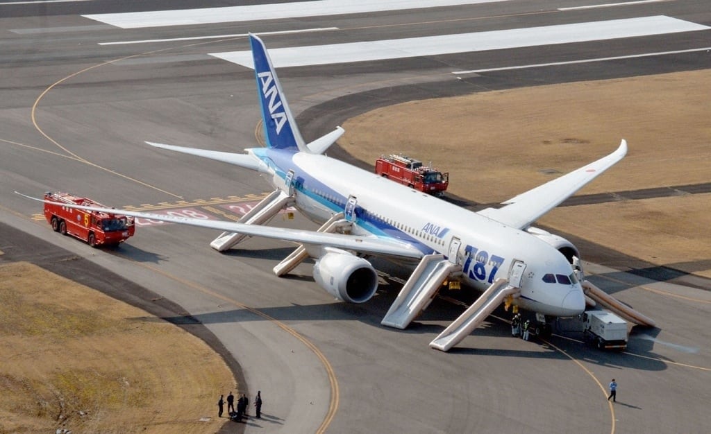 An All Nippon Airways (ANA) Boeing 787 Dreamliner is seen after making an emergency landing at Takamatsu airport in western Japan January 16, 2013, in this photo taken by Kyodo. 