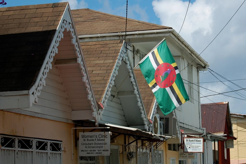 A Dominica flag hangs near a women's clinic in Roseau, Dominica.