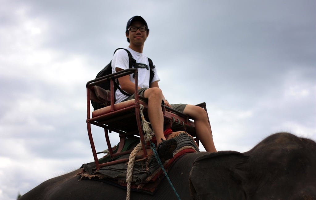 A Canadian tourist riding an elephant in Pattaya, Thailand. 