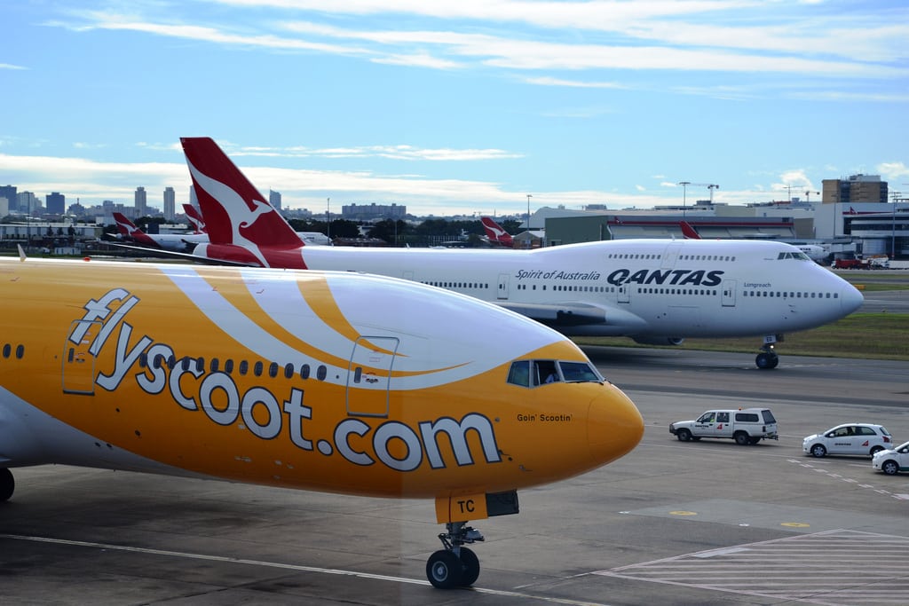 A Scoot Airlines 777 arriving at Sydney's airport. 