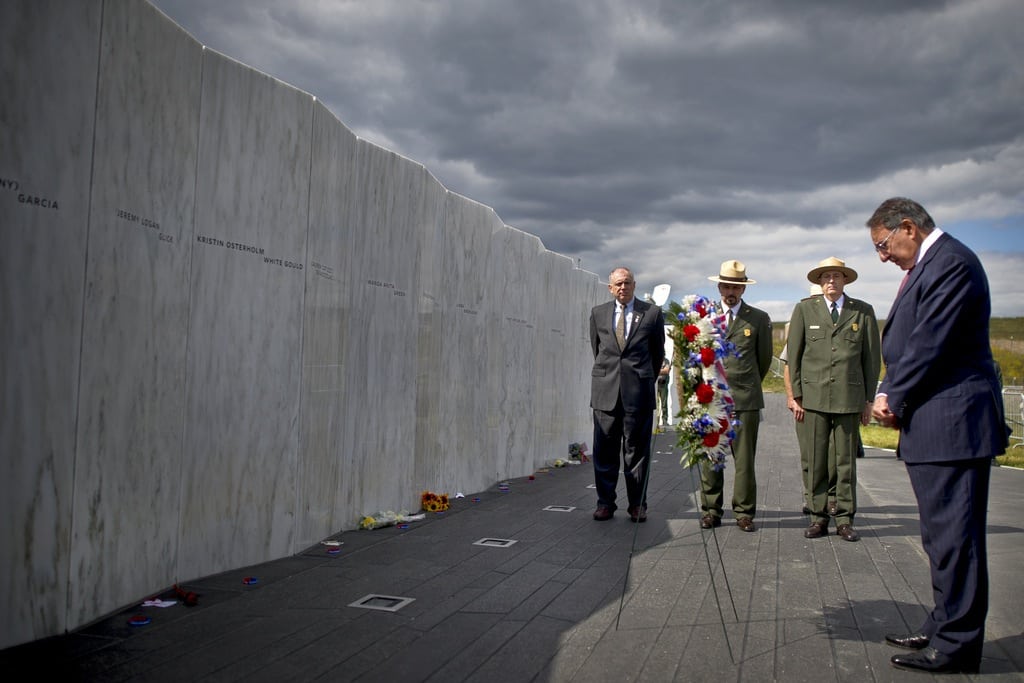 Defense Secretary Leon Panetta lays a wreath at the Flight 93 Memorial Plaza Wall of Names in Shanksville, Pennsylvania., on September 10, 2011, the eve of the 11th anniversary.  