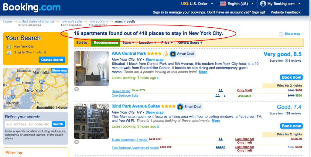In addition to hotels, Booking.com's lodging choices in New York City include apartment hotels and hostels. 