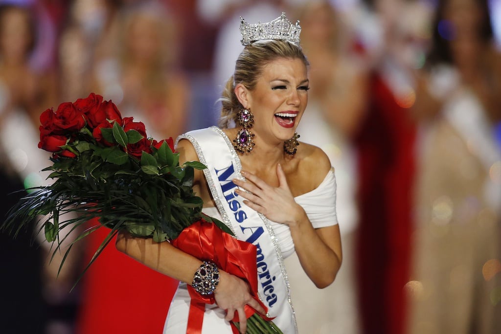 In this Jan. 12, 2013 file photo, Miss New York Mallory Hytes Hagan reacts as she is crowned Miss America 2013 in Las Vegas. 
