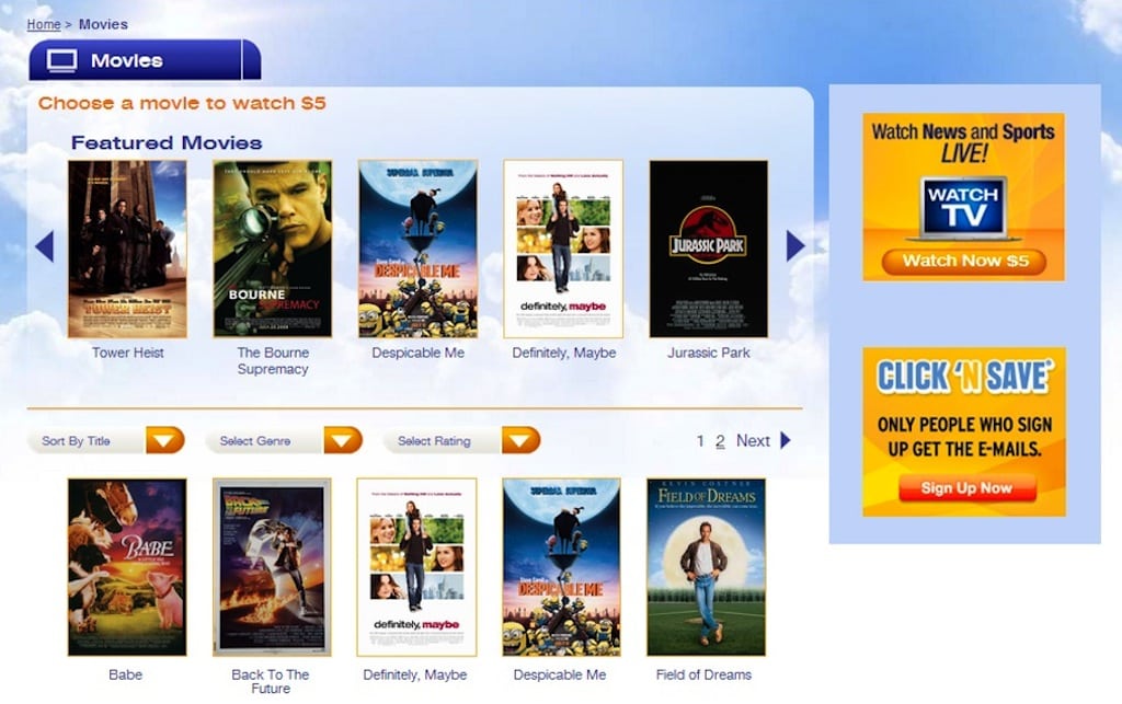 The landing page of Southwest's new movies-on-demand service for personal mobile devices. 
