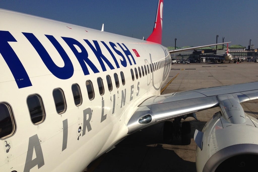 Turkish Airlines at the gate at Kayseri Erkilet Airport in Turkey. 