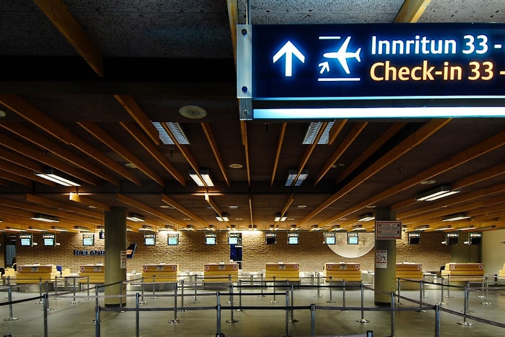 Check-In counters at the Keflavík International Airport in Iceland. 