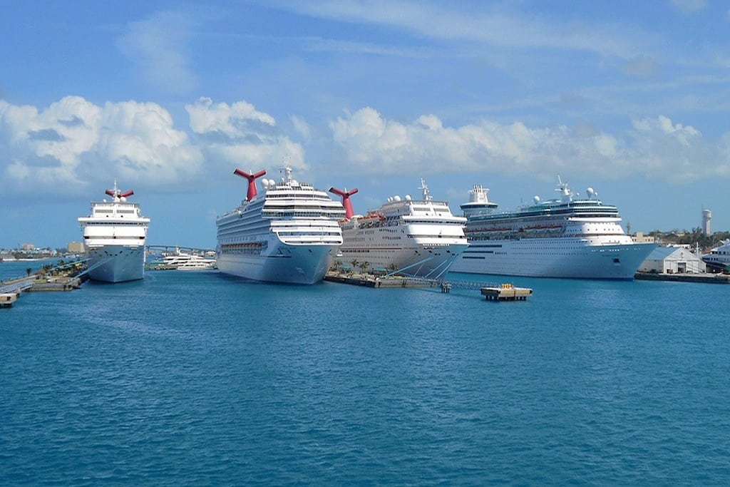 Three Carnival cruise ships and one Royal Caribbean ship in Nassau, Bahamas. 