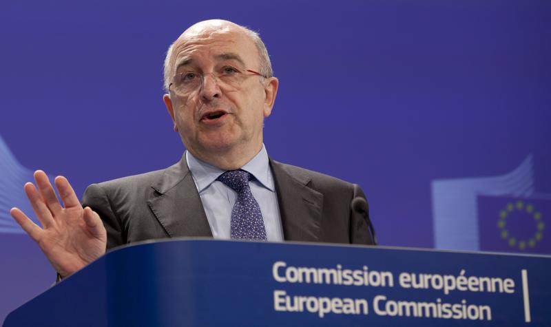 Vice-President of the European Commission Joaquin Almunia speaks during a media conference at EU headquarters in Brussels on Wednesday, Feb. 27, 2013.
