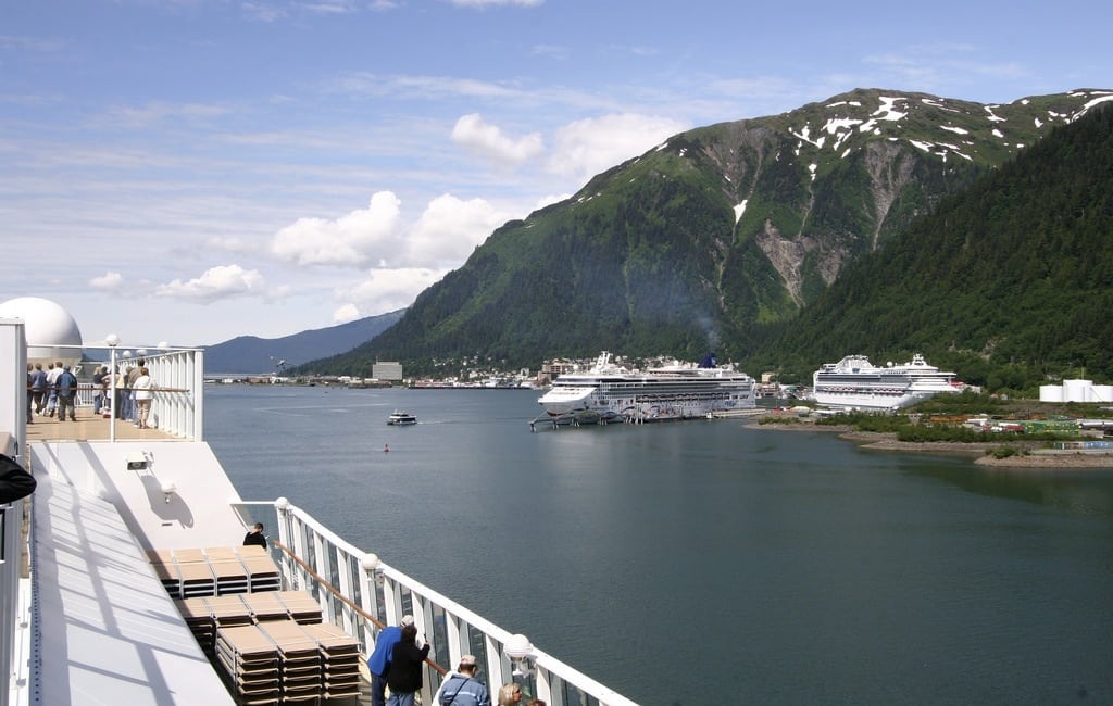 Cruise ships gathered outside of Juneau, Alaska. 