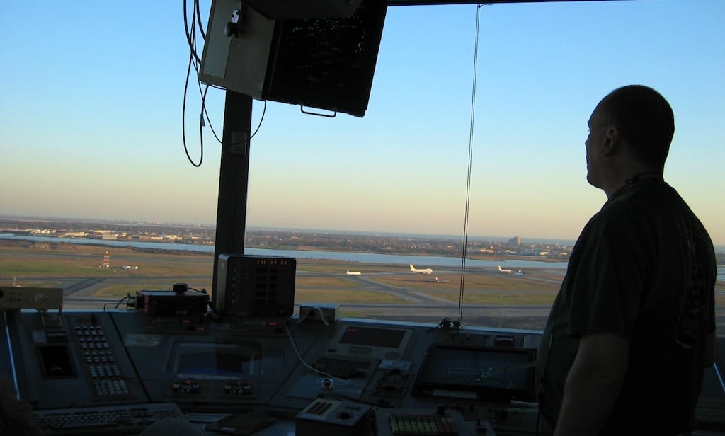 Scene from inside the air traffic control tower at JFK airport. 