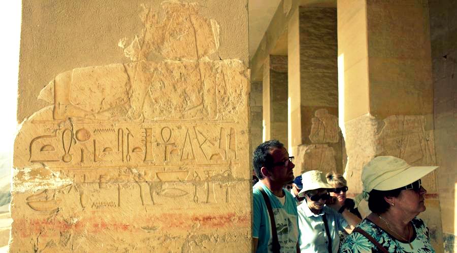 Foreign tourists visit the Hatshepsut Temple, in Luxor, Egypt, Wednesday, Feb. 27, 2013.