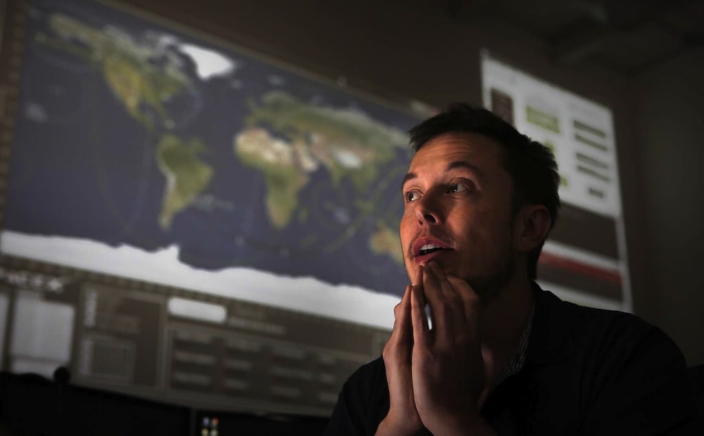 CEO Elon Musk in the mission control room at the Hawthorne, California-based Space Exploration Technologies Corp., on April 19, 2012. 
