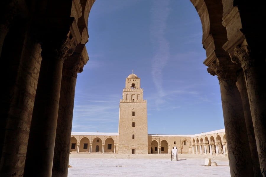 The Great Mosque of Kairouan in Tunisia, usually a very important site of religious and historical tourism in the country. 