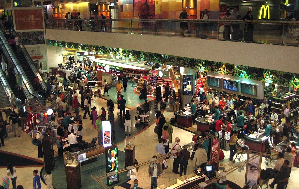 Shoppers/flyers crowding the terminal at Dubai International Airport. 