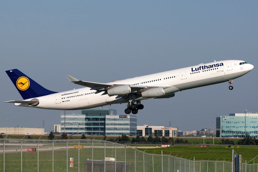 A Lufthansa A340-300 departs Lester B. Pearson Airport in Toronto. 