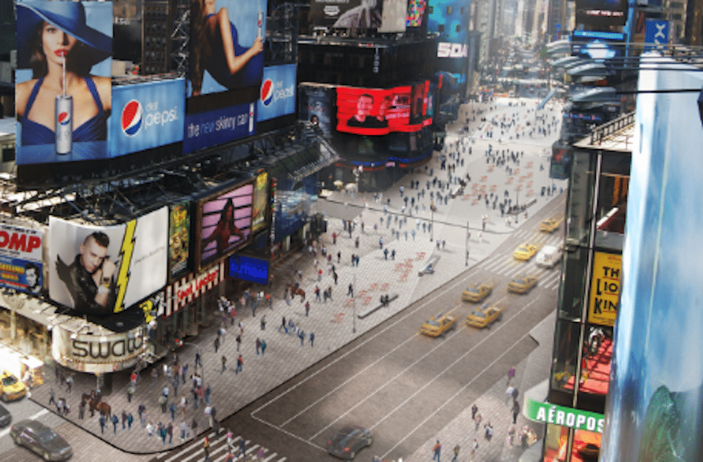 Snohetta's design for Times Square involves leveling out the curb and street for a single pedestrian platform. 