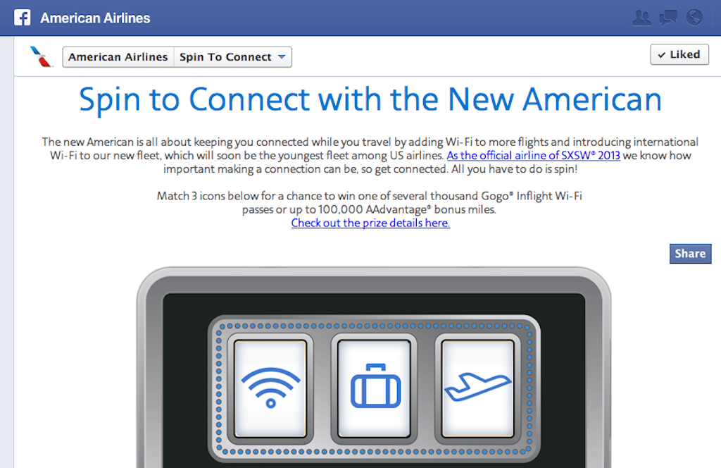 An American Airlines Wi-Fi promotion on Facebook doesn't work for people trying it with mobile devices. 