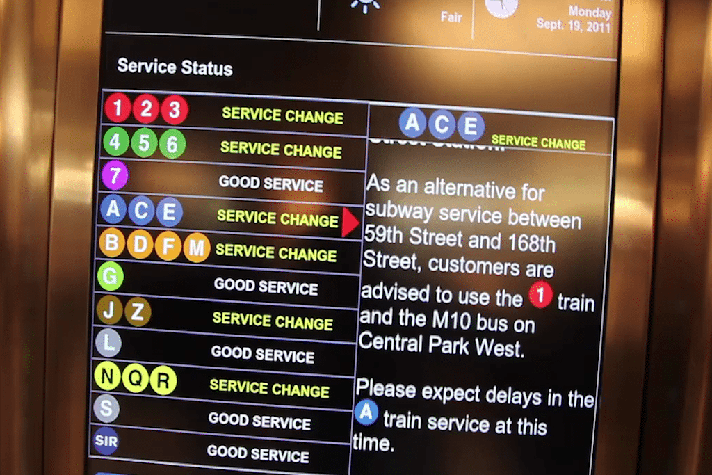 The new On the Go! travel stations in New York City will provide service advisories, step-by-step transit and street directions and information about escalator and elevator outages. 