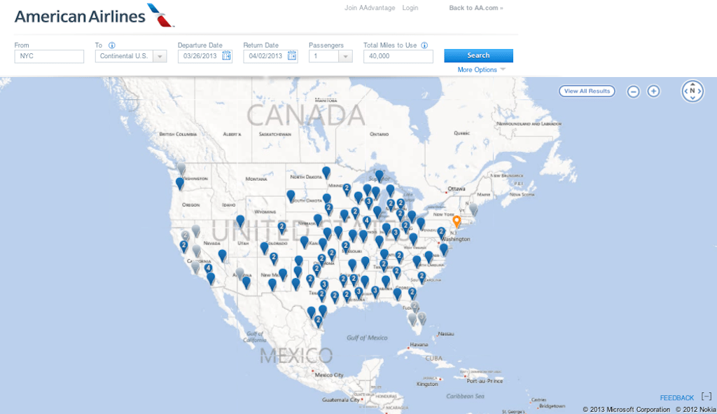 American Airlines' new Award Map tool for booking rewards flights.  