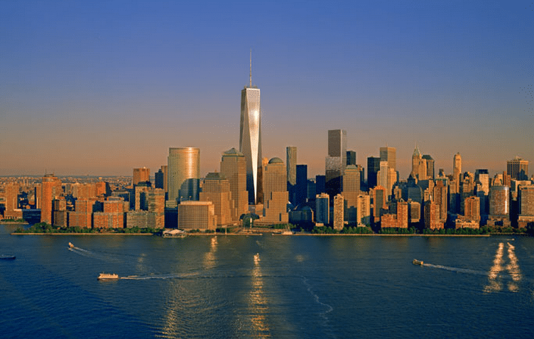 The skyline of New York's Lower Manhattan and One World Trade Center. 
