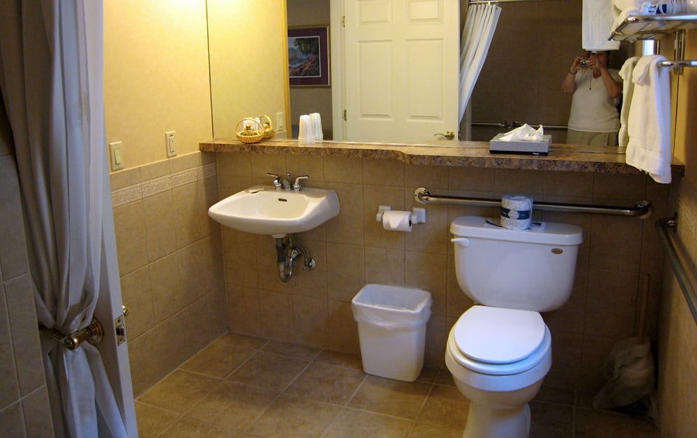 The handicap-accessible bathroom in the historic Skaneateles Hotel in New York. 