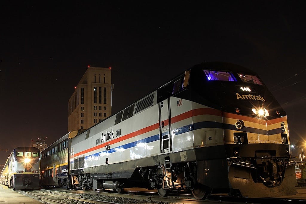 One of Amtrak's heritage locomotives shares the tracks with Capitol Corridor train 749, waiting to depart Sacramento.  