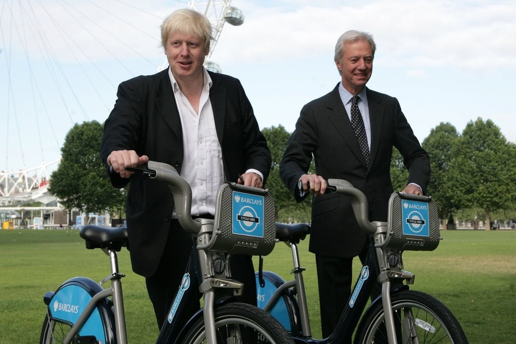 Boris Johnson celebrates launch of Barclays Cycle Hire. 