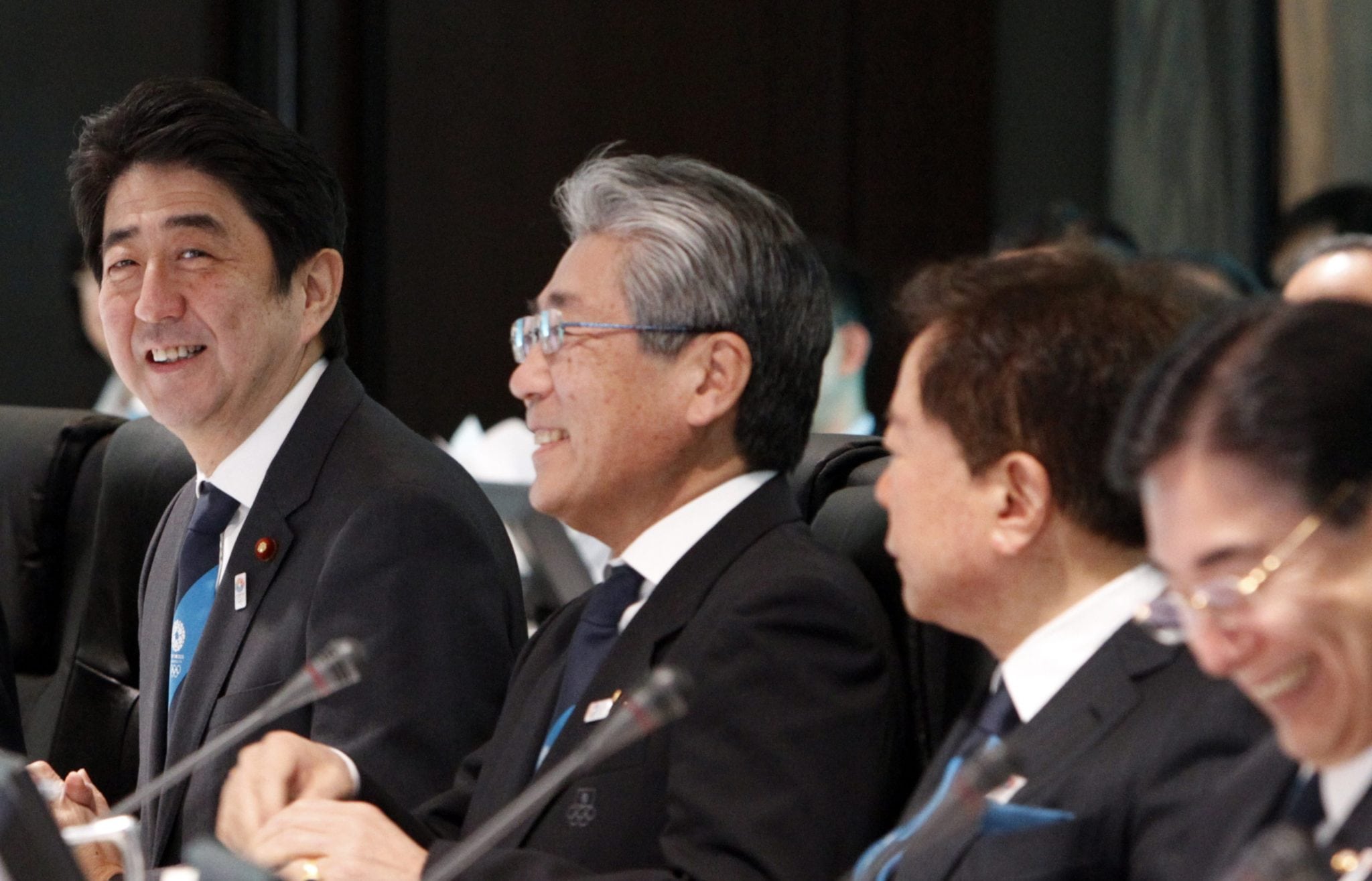 Japan's PM Abe, JOC President Tsunekazu Takeda and Tokyo Governor Inose attend welcoming event ahead of presentation of Tokyo 2020 bid to host Summer Olympics to IOC Evaluation Commission in Tokyo. 