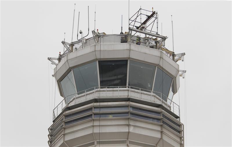 The main air traffic control tower at Reagan Washington National Airport is seen in Washington. 
