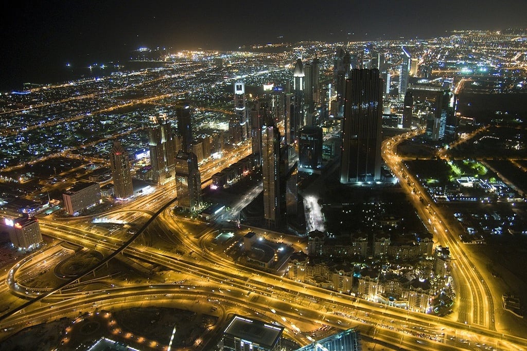 Dubai at night as seen from Burj Khalifa, the tallest building in the world. 