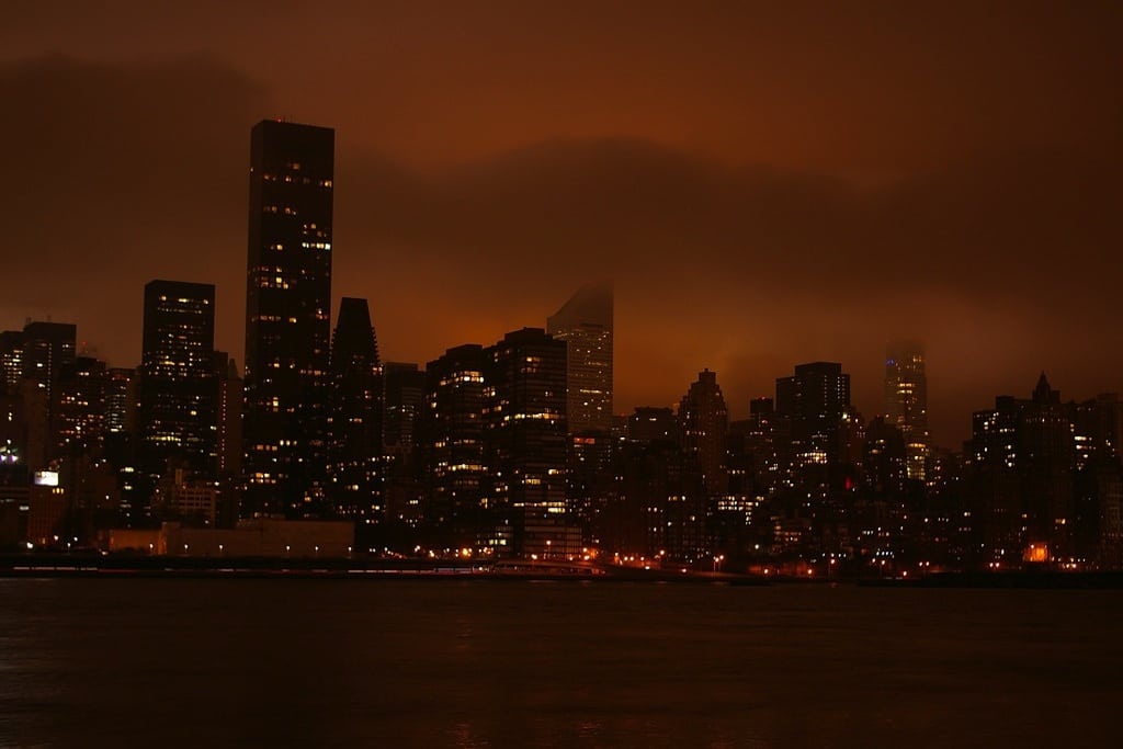 The Manhattan skyline during the Earth Hour, as seen from across the East River. Citigroup Building, center, was darkened for the duration. 