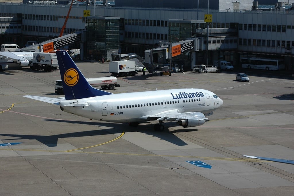 A Lufthansa Boeing 737 moves towards the gate at Dusseldorf Airport. 