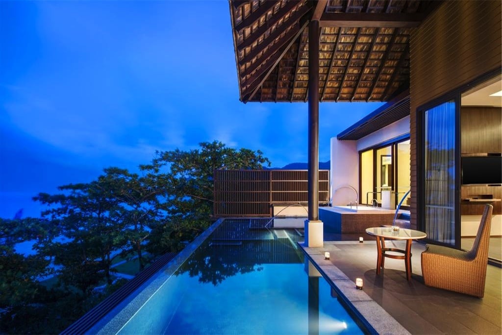 The terrace has an ocean view at the Vana Belle Luxury Collection Resort in Koh Samui, Thailand. 
